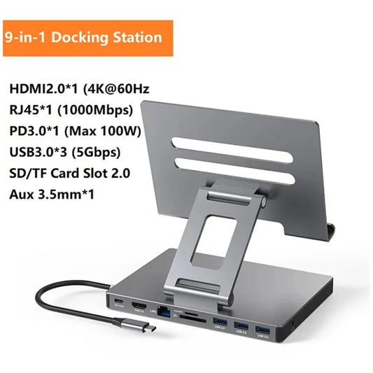 9-in-1 USB Type C Docking Station 4K Dual HDMI USB 3.0 5Gbps PD 3.0 USB Hub Adapter Dock Station for Tablet Laptop Accessories