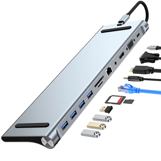 11 in 1 Type C Hub with 4K HDMI-Compatible VGA Ethernet Multiport Adapter 100W PD SD/TF Audio for Dell/Surface/HP/Lenovo Laptops